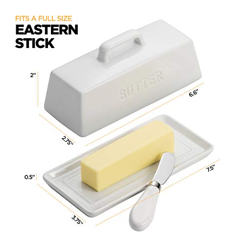 Smart House Inc Ceramic Butter Dish Set with Lid and Knife - [White]- Decorative Butter Stick Holder with Handle for 1 Stick of Butter - Microwave Safe, Dishwasher Safe - Anti-Scratch Stickers Included - Image 4