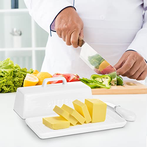 Smart House Inc Ceramic Butter Dish Set with Lid and Knife - [White]- Decorative Butter Stick Holder with Handle for 1 Stick of Butter - Microwave Safe, Dishwasher Safe - Anti-Scratch Stickers Included - Image 5