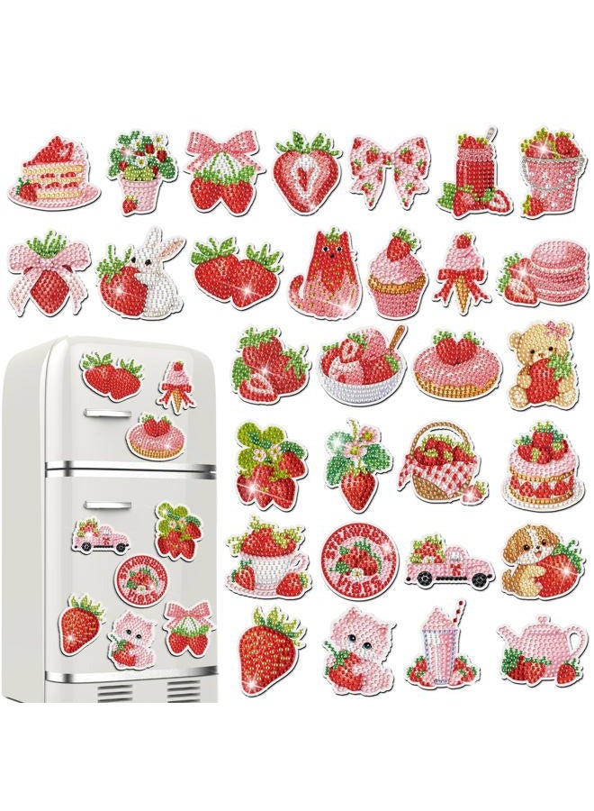 Motipuns 30 Pcs Diamond Art Painting Magnets Pink Strawberry Fridge Magnetic Cute Fridge Sticker Magnet Kawaii Full Drill Diamond Art Kits Craft Paint By Number DIY Craft for Adult Beginner Gift Decor - Image 1