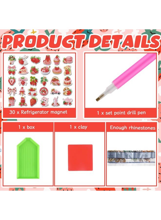Motipuns 30 Pcs Diamond Art Painting Magnets Pink Strawberry Fridge Magnetic Cute Fridge Sticker Magnet Kawaii Full Drill Diamond Art Kits Craft Paint By Number DIY Craft for Adult Beginner Gift Decor - Image 4