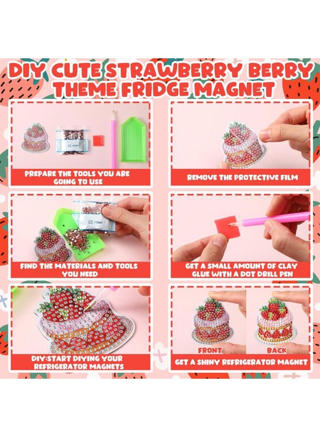 Motipuns 30 Pcs Diamond Art Painting Magnets Pink Strawberry Fridge Magnetic Cute Fridge Sticker Magnet Kawaii Full Drill Diamond Art Kits Craft Paint By Number DIY Craft for Adult Beginner Gift Decor - Image 5