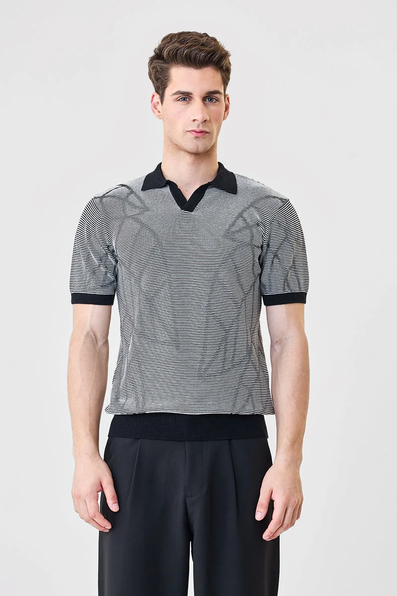 Snitch Black 100% Cotton Stripes Slim Fit Polo T-Shirt for Men | Best Price UAE