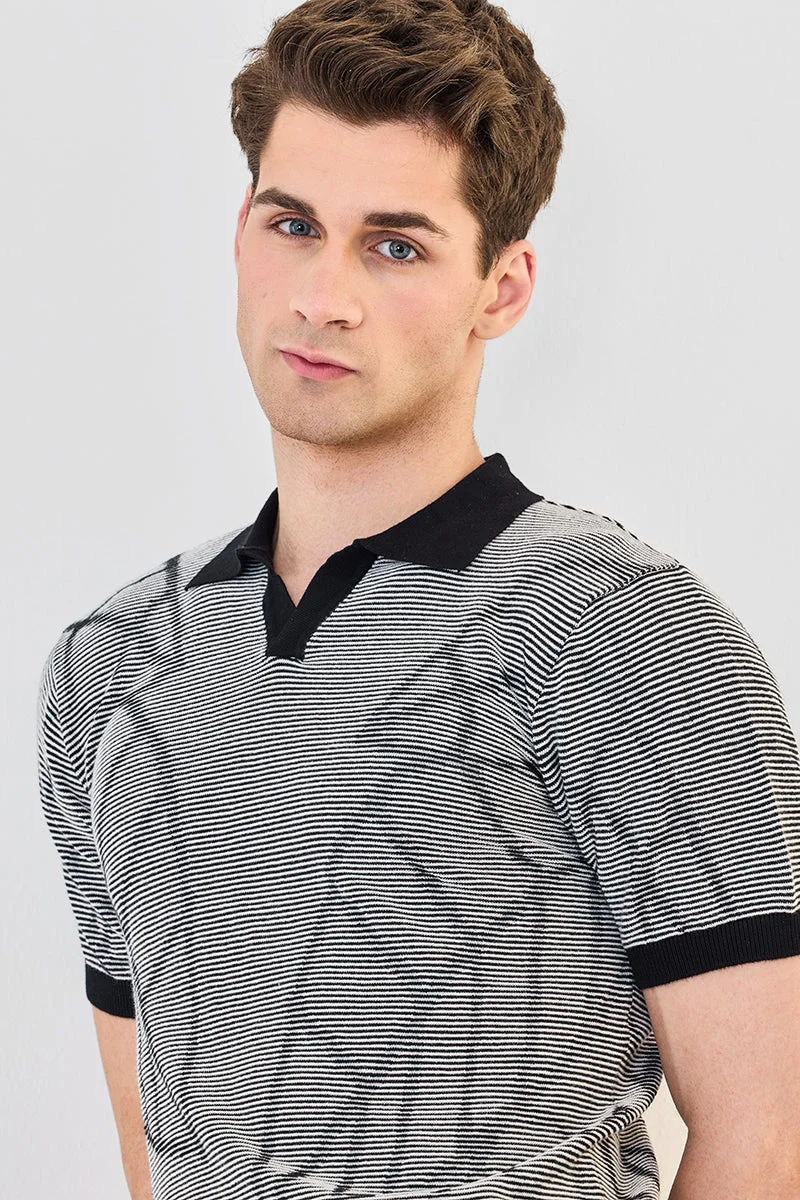 Snitch Black 100% Cotton Stripes Slim Fit Polo T-Shirt for Men | Best Price UAE