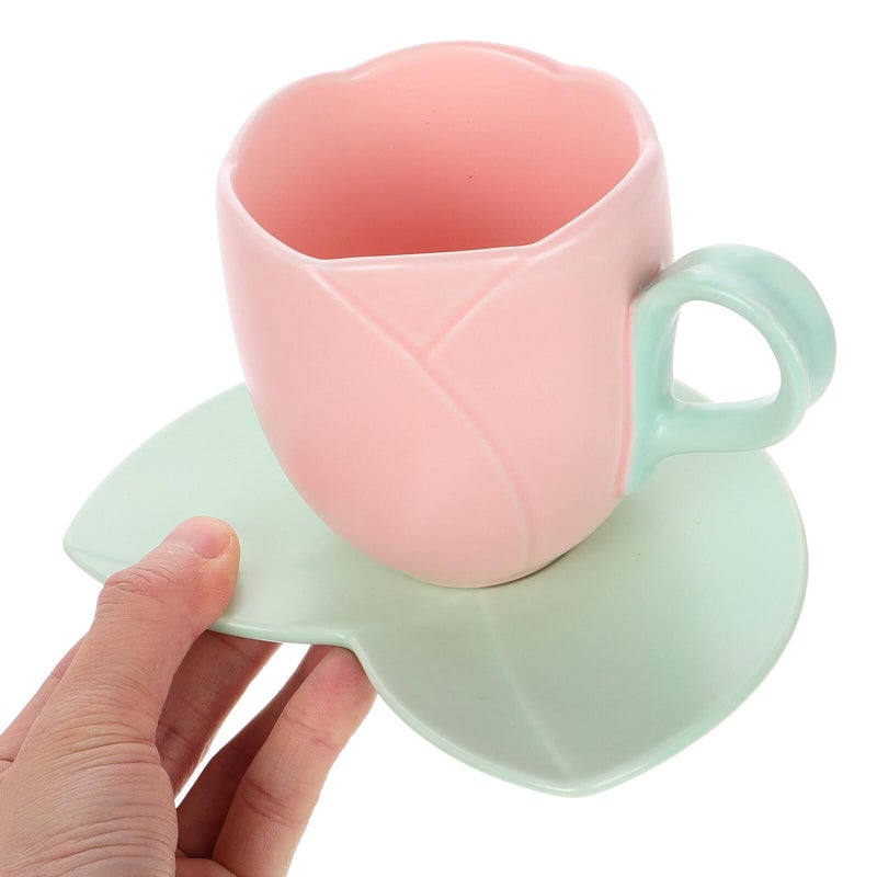 Pink Ceramic Tulip Coffee Mug and Saucer Set Floral Tea Cup for Home Office - Image 4