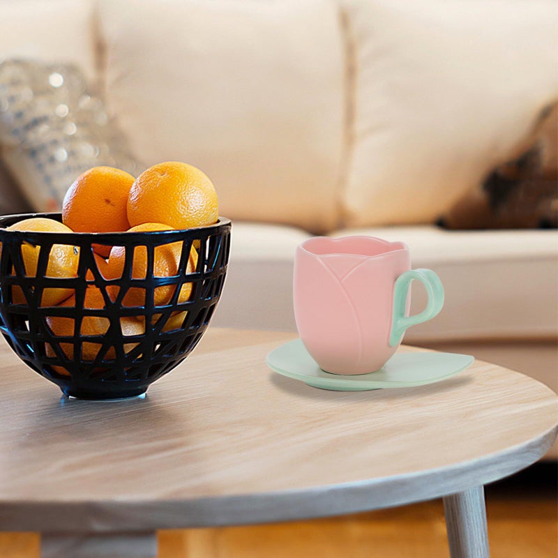 Pink Ceramic Tulip Coffee Mug and Saucer Set Floral Tea Cup for Home Office - Image 5