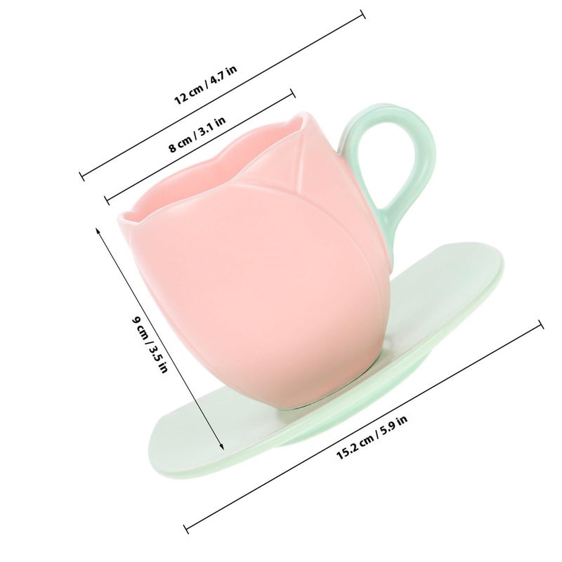 Pink Ceramic Tulip Coffee Mug and Saucer Set Floral Tea Cup for Home Office - Image 3