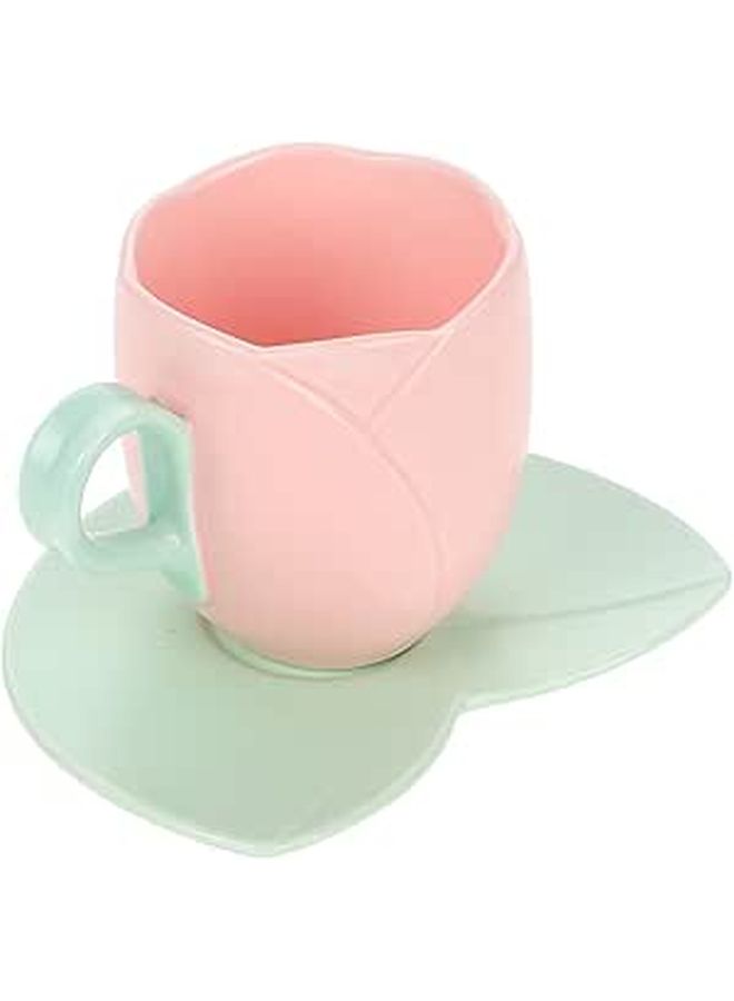 Pink Ceramic Tulip Coffee Mug and Saucer Set Floral Tea Cup for Home Office - Image 1