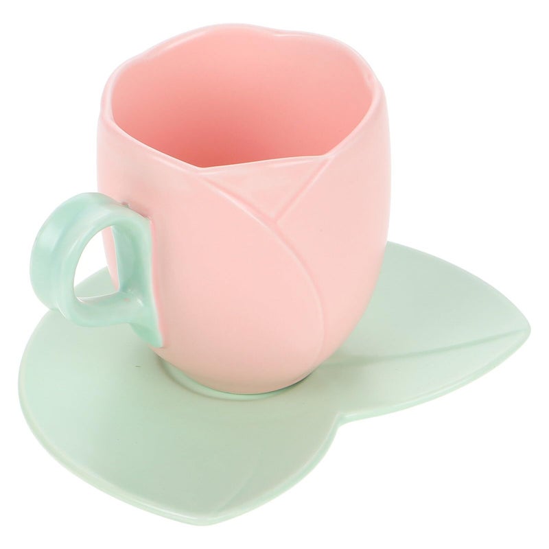 Pink Ceramic Tulip Coffee Mug and Saucer Set Floral Tea Cup for Home Office - Image 2