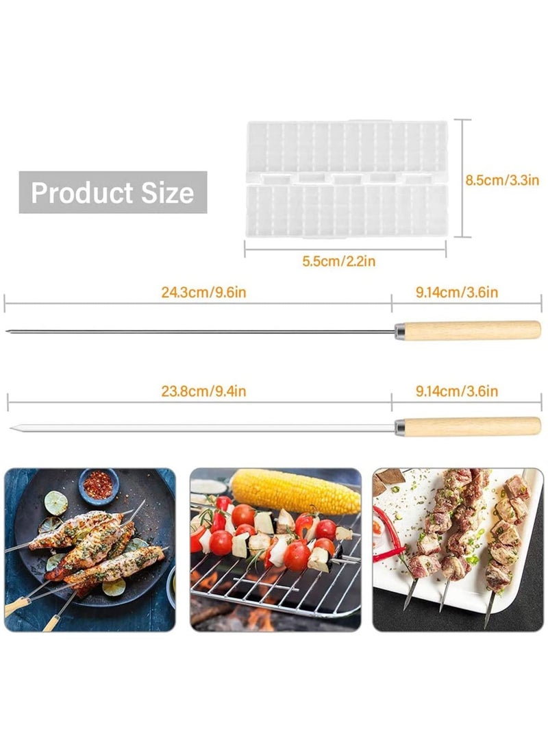 SYOSI Kebab Skewers, 20 Pcs Stainless Steel BBQ Skewers Reusable Metal Skewer Sticks Flat and Round Barbecue Grilling Skewers Meat Skewers with Wooden Handle, with Quick Meat String Device  - Image 2