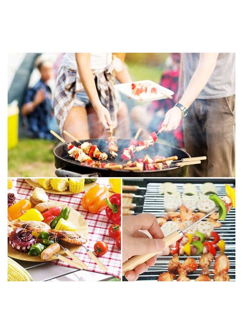 SYOSI Kebab Skewers, 20 Pcs Stainless Steel BBQ Skewers Reusable Metal Skewer Sticks Flat and Round Barbecue Grilling Skewers Meat Skewers with Wooden Handle, with Quick Meat String Device  - Image 5