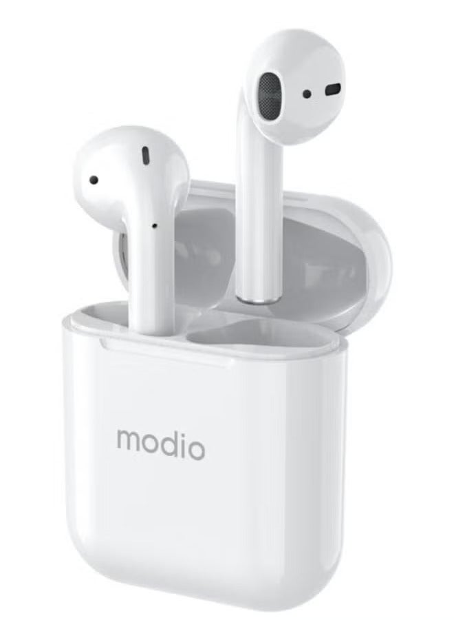 modio ME1 True Wireless Stereo Headset – Premium HD Sound, Comfortable Fit, Noise Cancellation, Touch Controls – White Wireless Earbuds with Free Black Charging Case – Ideal for Music, Calls, and Hands-Free Use – Compatible with Android & iOS Devices - Image 1