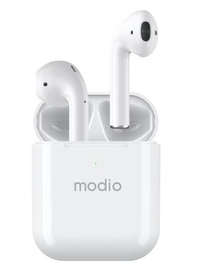 modio ME1 True Wireless Stereo Headset – Premium HD Sound, Comfortable Fit, Noise Cancellation, Touch Controls – White Wireless Earbuds with Free Black Charging Case – Ideal for Music, Calls, and Hands-Free Use – Compatible with Android & iOS Devices - Image 4