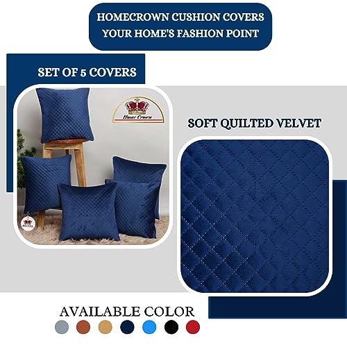 HOMECROWN 16x16 Inch Quilted Velvet Cushion Covers Set of 5 – Soft Decorative Throw Pillow Cases for Sofa, Couch, Bed, and Living Room – Zipper Closure, Navy Blue - Image 4
