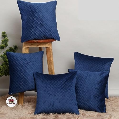 HOMECROWN 16x16 Inch Quilted Velvet Cushion Covers Set of 5 – Soft Decorative Throw Pillow Cases for Sofa, Couch, Bed, and Living Room – Zipper Closure, Navy Blue - Image 1