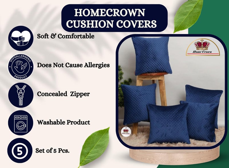 HOMECROWN 16x16 Inch Quilted Velvet Cushion Covers Set of 5 – Soft Decorative Throw Pillow Cases for Sofa, Couch, Bed, and Living Room – Zipper Closure, Navy Blue - Image 3