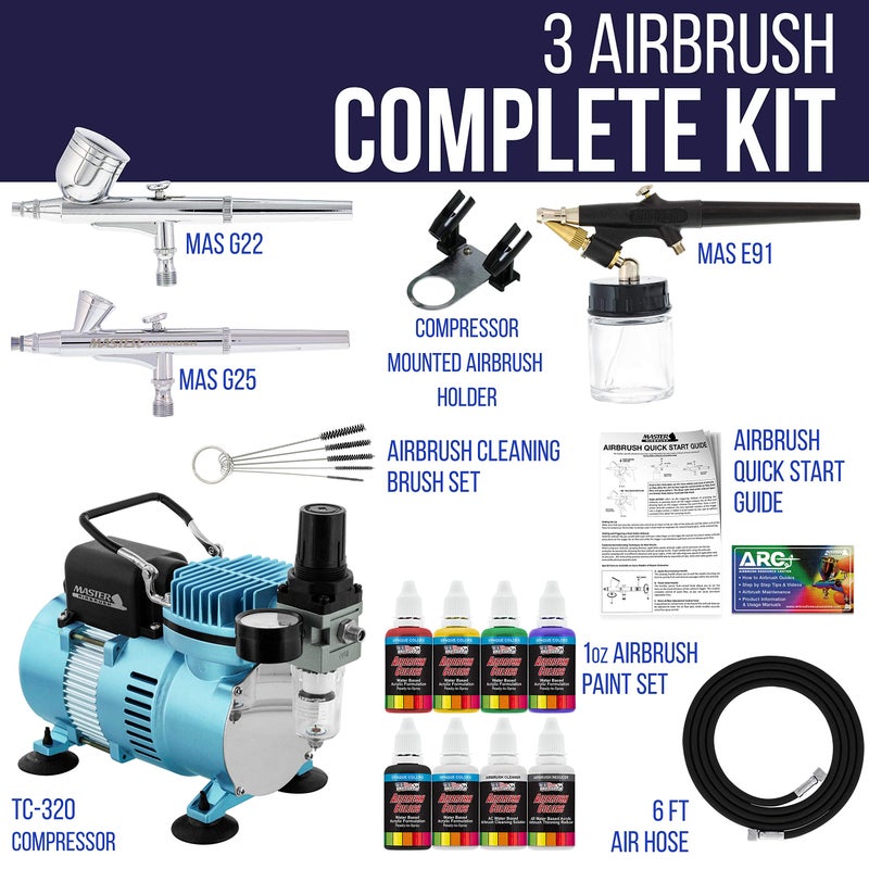 Master Airbrush Cool Runner II Dual Fan Air Compressor Airbrushing System Kit with 3 Professional Airbrushes, Gravity & Siphon Feed - 6 Primary Opaque Colors Acrylic Paint Artist Gift Set-How To Guide - Image 2