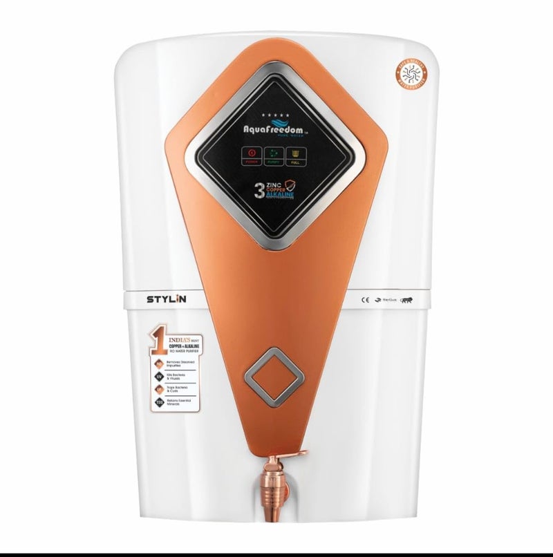 Aquafreedom Styline White COPPER ROCOPPERUVUFTDSALKALINEZINC 10 Stages of Purify 12L Water Purifier Suitable for Fully Automatic RO Home and Office 1 Year Warranty On Motor SMPS - Image 1