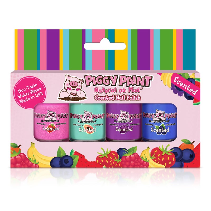 Piggy Paint | 100% Non-Toxic Girls Nail Polish | Safe, Cruelty-free, Vegan, & Scented for Kids | Scented Fruit Fairy (4 Pack Kit) - Image 1