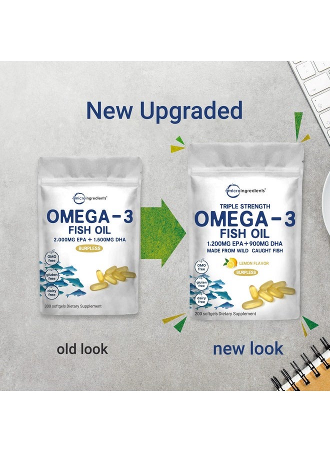 Micro Ingredients - Triple Strength Omega 3 Fish Oil Supplements 3000Mg 200 Softgels Lemon Flavored Burpless (Entericcoated) ; Epa 1200Mg + Dha 900Mg ; Deep Sea Fish Wild Caught From Norwegian Waters - Image 1