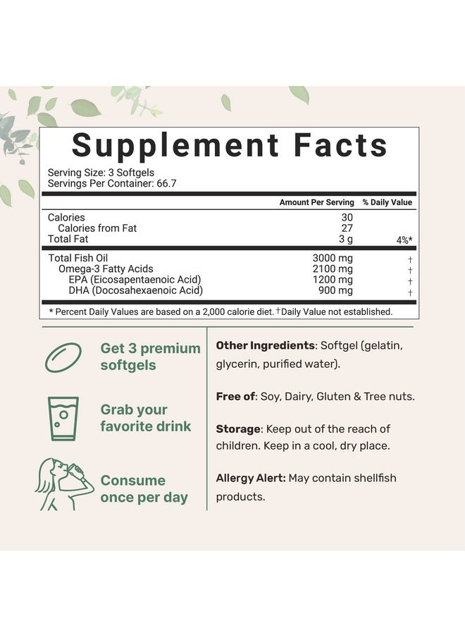 Micro Ingredients - Triple Strength Omega 3 Fish Oil Supplements 3000Mg 200 Softgels Lemon Flavored Burpless (Entericcoated) ; Epa 1200Mg + Dha 900Mg ; Deep Sea Fish Wild Caught From Norwegian Waters - Image 1