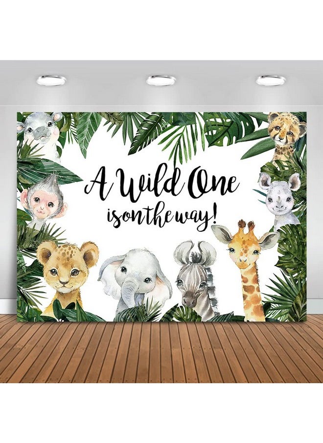 Mocsicka Safari Baby Shower Backdrop Jungle Animals Background Tropical Zoo Animals Party Cake Table Decoration Photo Booth Props (7X5Ft)  - Image 1