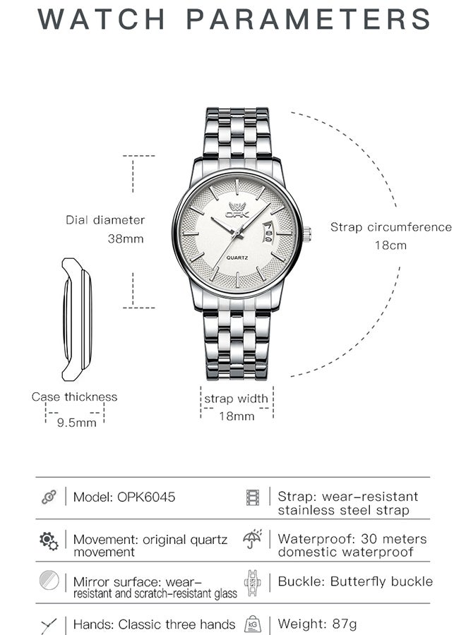 او بي كي ساعة كوارتز رجالية مضيئة مقاومة للماء بسوار من الفولاذ المقاوم للصدأ من OPK، بتقويم واحد بسيط - سوار من الفولاذ 6045، لون أبيض طبيعي. - Image 2