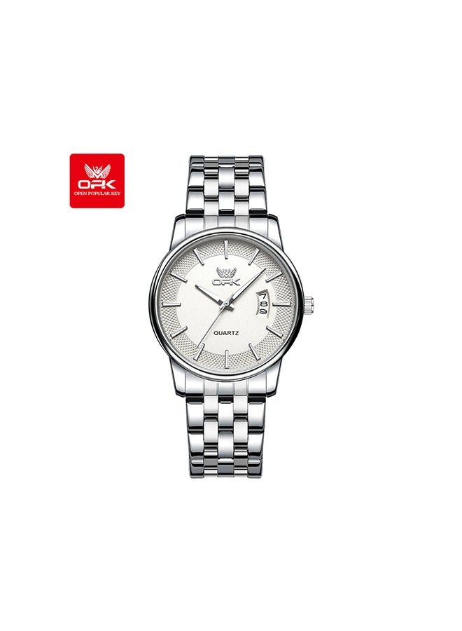 او بي كي ساعة كوارتز رجالية مضيئة مقاومة للماء بسوار من الفولاذ المقاوم للصدأ من OPK، بتقويم واحد بسيط - سوار من الفولاذ 6045، لون أبيض طبيعي. - Image 1
