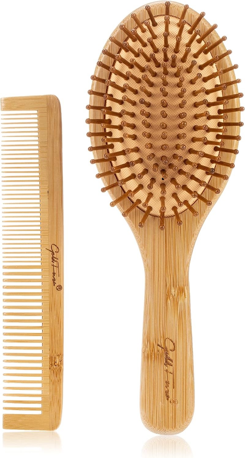 Natural Bamboo Comb Set Wooden Massage Hair Brush with Wide Tooth Comb & Grooming Comb for Women Men and Kids - Reduce Frizz and Massage Scalp (2 PCS)