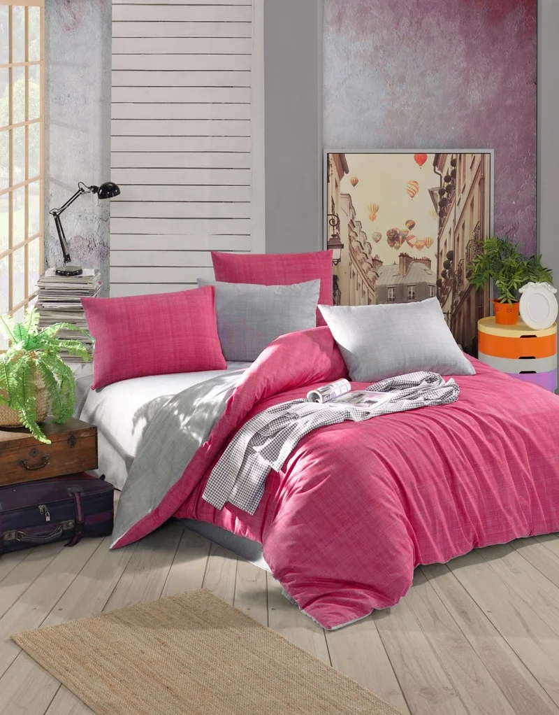 كوتنفس Home Textile Cotton Double King Size Fuchsia Pink-Grey Duvet Cover Set