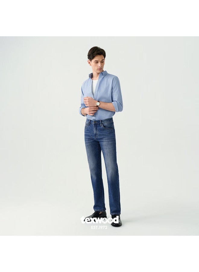 Texwood Apple Men's Jeans, Spring And Summer Mulberry Silk Breathable Trousers, Fashionable Retro Trendy Straight-leg Pants, Medium Blue, Size 34 - Image 2