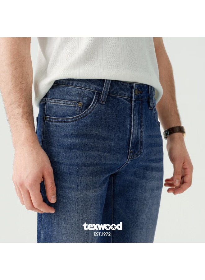 Texwood Apple Men's Jeans, Spring And Summer Mulberry Silk Breathable Trousers, Fashionable Retro Trendy Straight-leg Pants, Medium Blue, Size 34 - Image 1