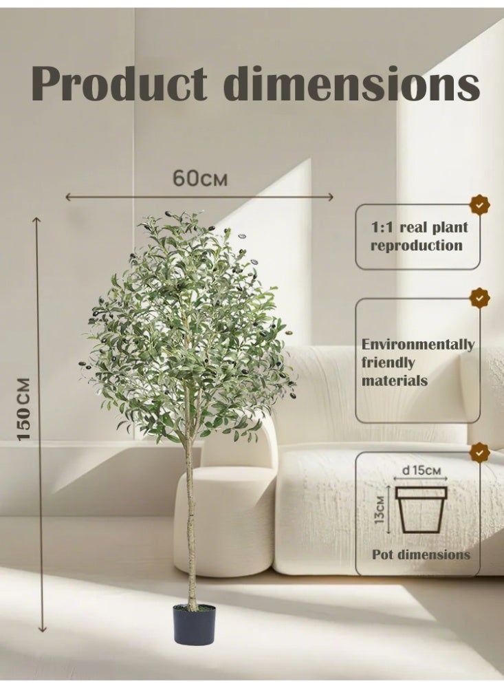 PHISMA Artificial Olive Tree 150cm Tall Faux Silk Plant for Home Office Decor Indoor Fake Potted Tree with Wood Branches and Fruits - Image 2