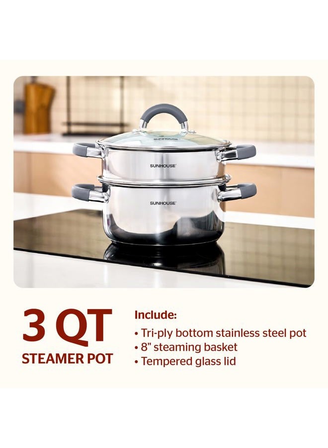 SUNHOUSE 3 Quart Steamer Pots With Lid, 2-Tier Multipurpose Stainless Steel Steaming Pot Cookware With Stay-Cool Handles, Tri-ply Bottom, Compatible with All Cooktops & Perfect For Vegetable, Dumpling - Image 2