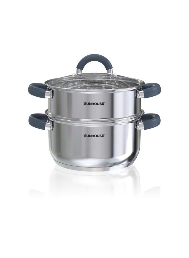 SUNHOUSE 3 Quart Steamer Pots With Lid, 2-Tier Multipurpose Stainless Steel Steaming Pot Cookware With Stay-Cool Handles, Tri-ply Bottom, Compatible with All Cooktops & Perfect For Vegetable, Dumpling - Image 1