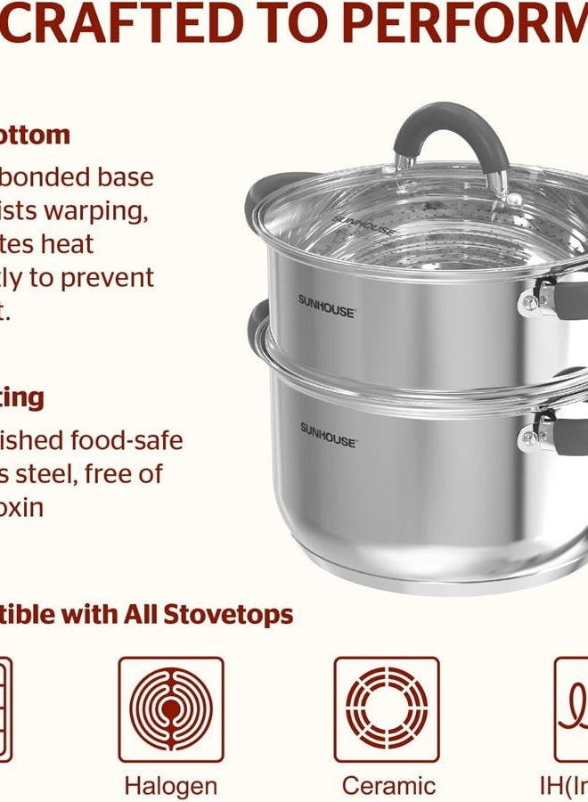 SUNHOUSE 3 Quart Steamer Pots With Lid, 2-Tier Multipurpose Stainless Steel Steaming Pot Cookware With Stay-Cool Handles, Tri-ply Bottom, Compatible with All Cooktops & Perfect For Vegetable, Dumpling - Image 3