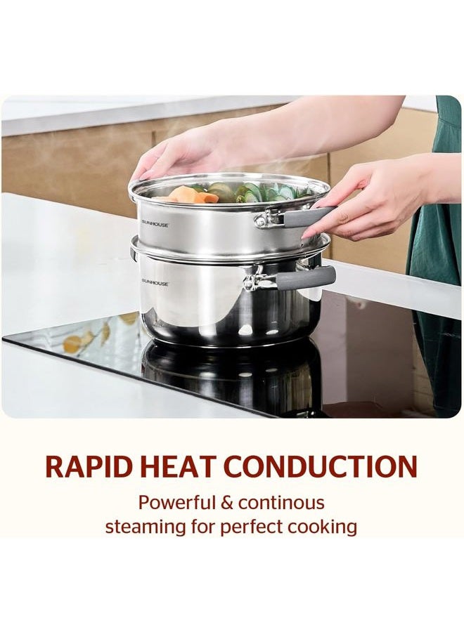 SUNHOUSE 3 Quart Steamer Pots With Lid, 2-Tier Multipurpose Stainless Steel Steaming Pot Cookware With Stay-Cool Handles, Tri-ply Bottom, Compatible with All Cooktops & Perfect For Vegetable, Dumpling - Image 5