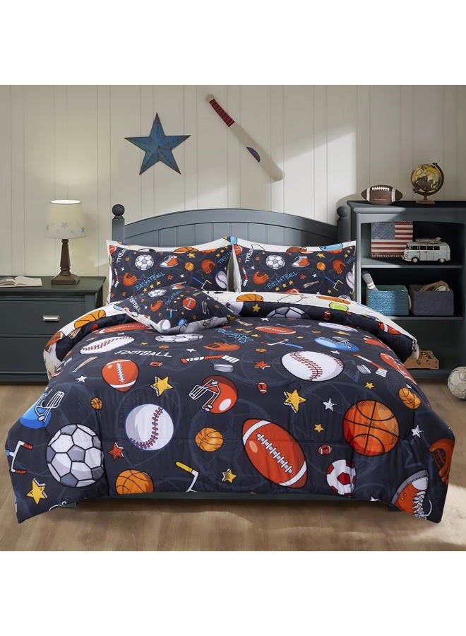 A Nice Night 6Pcs Bed in A Bag Full Sports Microfiber Modern Comforter Set,Gray Rugby Ball Printed Bedding Collections,for Boys Kids Teen - Image 1