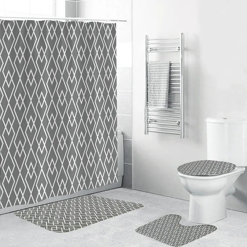 Y&D 4Pcs Boho Shower Curtain Sets Geometric Shower Curtain Sets with Rugs Shower Curtain with 12 Hooks for Bathroom Set Decor - Image 1