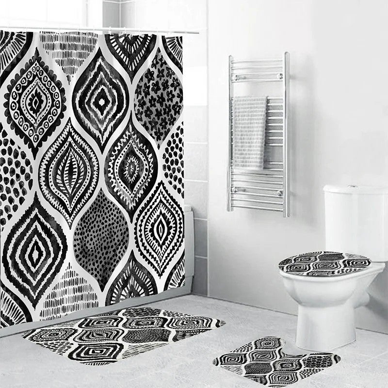 Y&D 4Pcs Boho Shower Curtain Sets Geometric Shower Curtain Sets with Rugs Shower Curtain with 12 Hooks for Bathroom Set Decor - Image 2