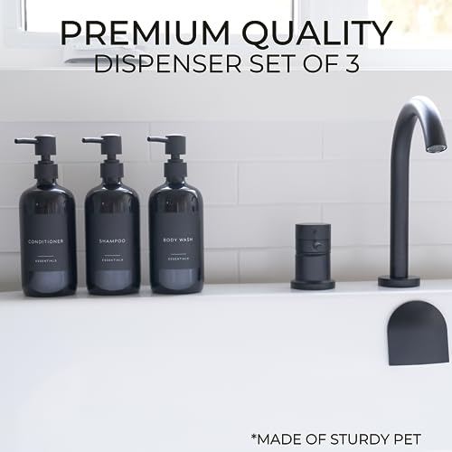 KIBAGA Stylish Shampoo and Conditioner Dispenser Set of 3 - Modern 21oz Shower Soap Bottles with Pump and Labels - Easy to Refill Body Wash Dispensers for an Instant Bathroom Decor Upgrade - Black - Image 2