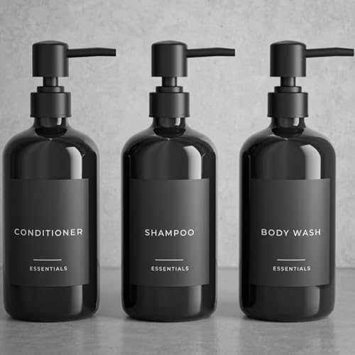 KIBAGA Stylish Shampoo and Conditioner Dispenser Set of 3 - Modern 21oz Shower Soap Bottles with Pump and Labels - Easy to Refill Body Wash Dispensers for an Instant Bathroom Decor Upgrade - Black - Image 1