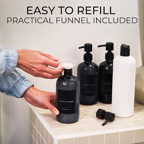 KIBAGA Stylish Shampoo and Conditioner Dispenser Set of 3 - Modern 21oz Shower Soap Bottles with Pump and Labels - Easy to Refill Body Wash Dispensers for an Instant Bathroom Decor Upgrade - Black - Image 5