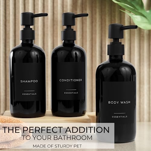 KIBAGA Stylish Shampoo and Conditioner Dispenser Set of 3 - Modern 21oz Shower Soap Bottles with Pump and Labels - Easy to Refill Body Wash Dispensers for an Instant Bathroom Decor Upgrade - Black - Image 4