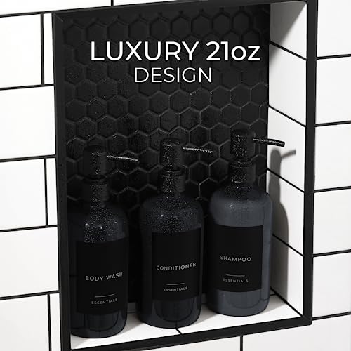 KIBAGA Stylish Shampoo and Conditioner Dispenser Set of 3 - Modern 21oz Shower Soap Bottles with Pump and Labels - Easy to Refill Body Wash Dispensers for an Instant Bathroom Decor Upgrade - Black - Image 3