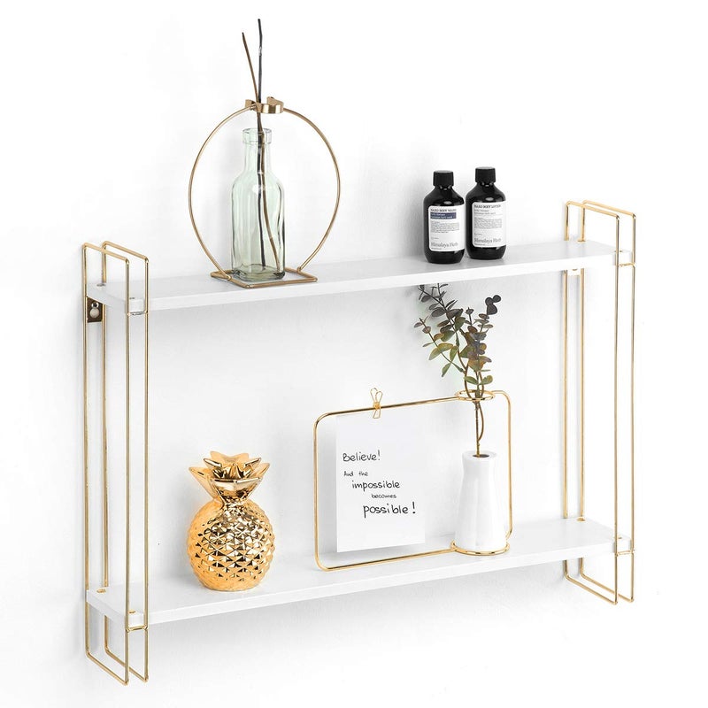 J JACKCUBE DESIGN White and Gold Floating Shelf 2 Tier Wall Mount Shelves for Modern Wall Dcor Display and Storage for Living Room Bedroom Bathroom Kitchen MK534A