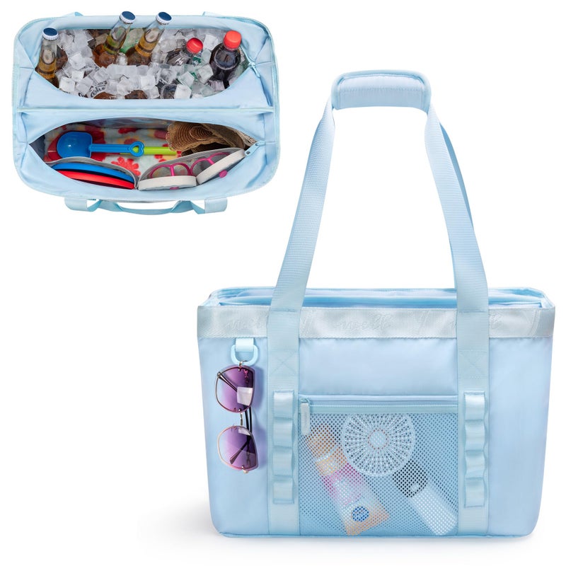Yarwo Large Beach Bag with Insulated Cooler Section XL Beach Vacation Tote with Wet Dry Pockets Luggage Strap Waterproof Sandproof Carry On Bag for Swim Sands Pool Gym Yoga Camp Blue - Image 2