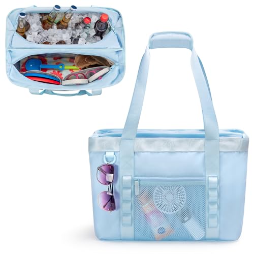 Yarwo Large Beach Bag with Insulated Cooler Section XL Beach Vacation Tote with Wet Dry Pockets Luggage Strap Waterproof Sandproof Carry On Bag for Swim Sands Pool Gym Yoga Camp Blue - Image 1
