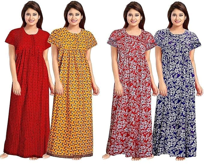 KBNBJ Nighty for Women Cotton Printed Maxi Gown Ankle Length Nighty Night Dress Gown for Women Maxi - Free Size (Pack of 4) (Free Size, Red,Yellow&LightRed,LightBlue) - Image 1