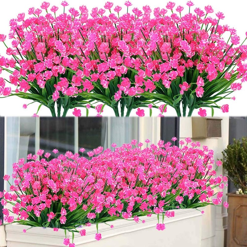 ArtBloom 8 Bundles Outdoor Artificial Fake Flowers UV Resistant Shrubs Plants Faux Plastic Greenery for Indoor Outside Hanging Plants Garden Porch Window Box Home Wedding Farmhouse Decor Pink
