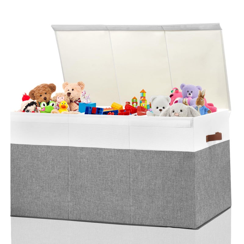 Gowee Extra Large Toy Storage Box with Lid, Sturdy Toys Storage Chest Bin Organizer Basket with Dividers for Kids, Boys, Girls, Nursery, Closet, Bedroom, Playroom 35.5"x17" x17"(Grey and White) - Image 1